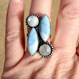 New Owyhee Opal & Rainbow Moonstone 925 Silver Ring.